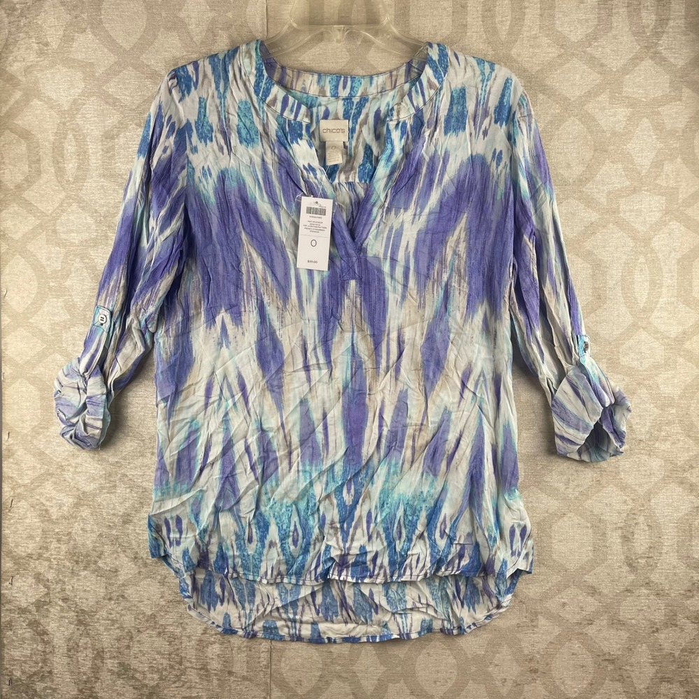 Chico's Ikat Splendor Genevieve Women 0 Small Purple Blue Roll Tab Blouse New